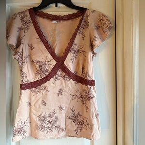 Old Navy Floral Lace Trim Blouse - Pink and Brown